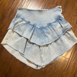 Mother The Ruffle Mini Raw Edge Jean Skirt size 32 10-12 light blue stretch